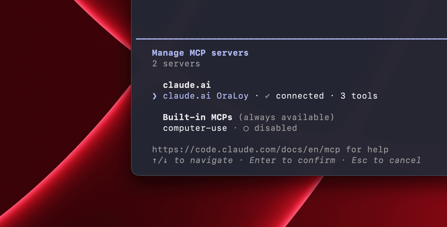 The MCP server list in Claude Code, showing OraLoy connected with three tools